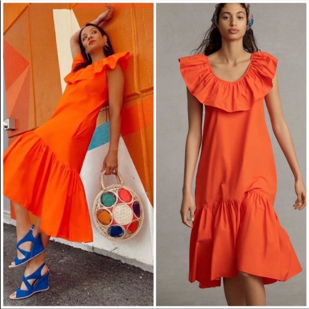 NEW WHIT TWO Anthropologie Flouncy Ruffle Midi Dress Orange XS Petite